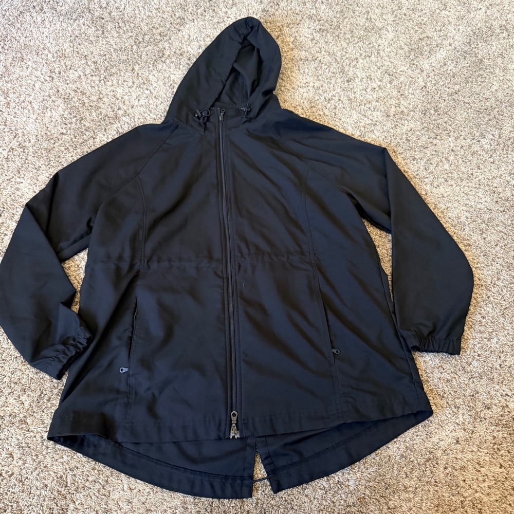 Kirkland Signature Women XL Black Full Zip Hooded Windbreaker Cinch Waist Jacket